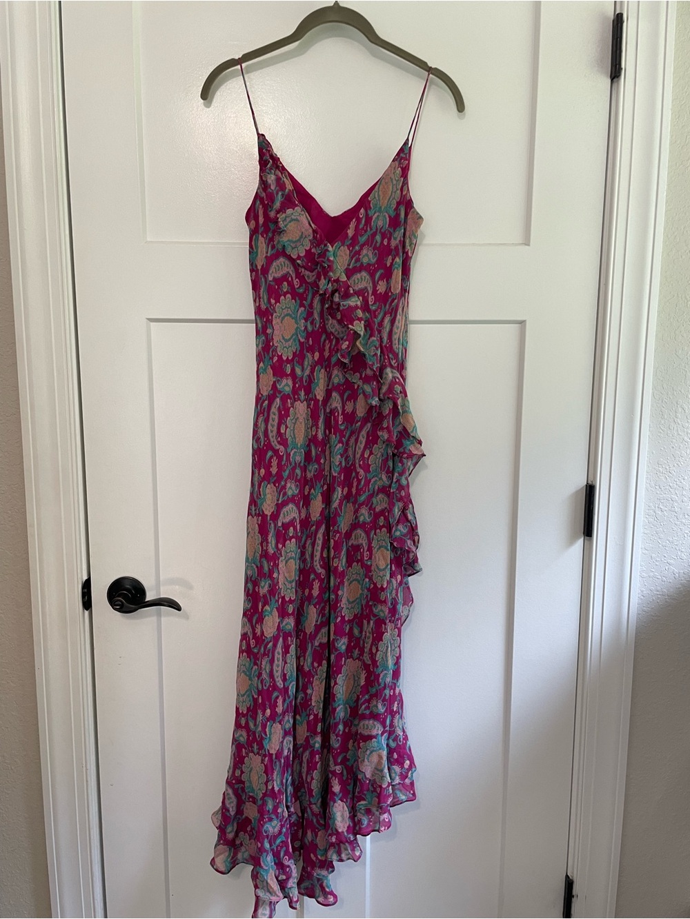 Y2K Ralph Lauren Paisley Silk Chiffon Ruffle Midi Dress Spaghetti Strap - Picture 9 of 12